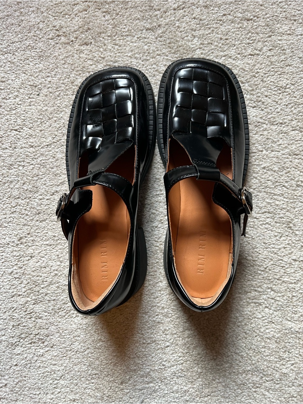 Women’s. Black T-Strap Woven Leather Chunky Shoes - Picture 13 of 15